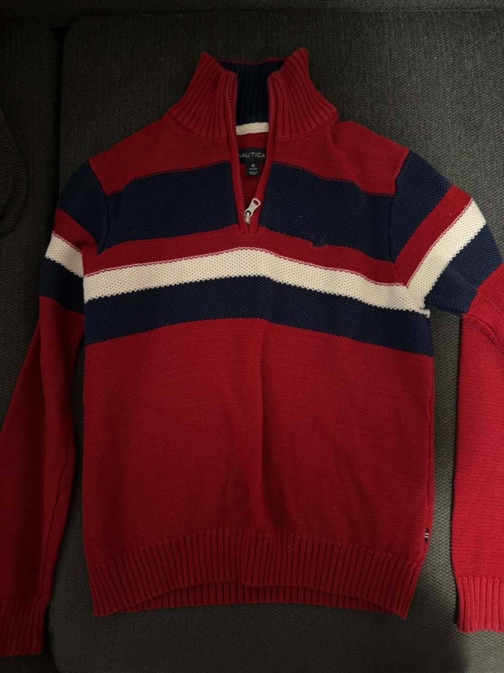 Nautica Boy’s Red Navy White Striped Half-Zip Sweater (M)